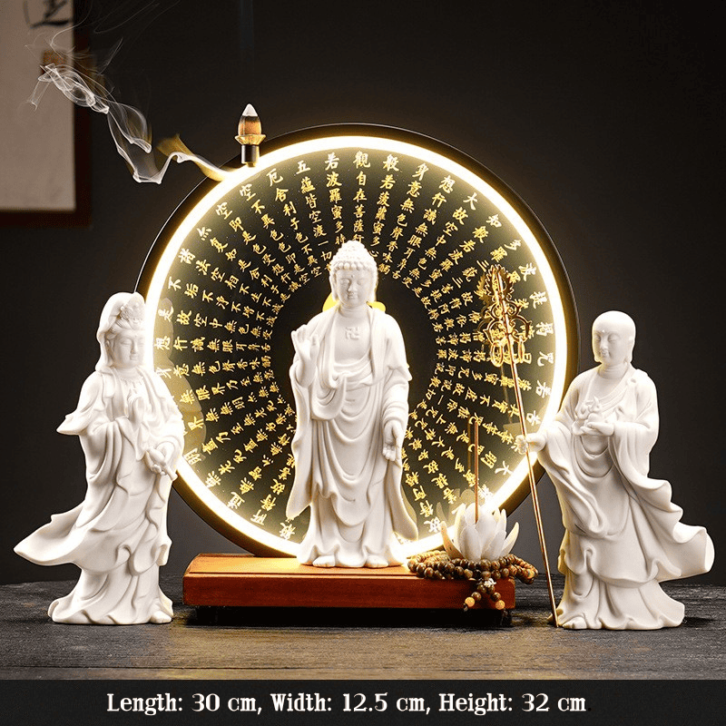 Bodhisattva Triad Statues - Beautifully Decorated Zen Statue with Lights